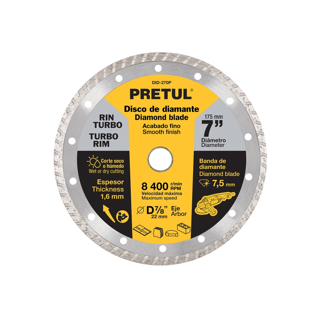 [DID-270P] Disco de diamante de 7" x 1.6 mm, rin turbo, PRETUL