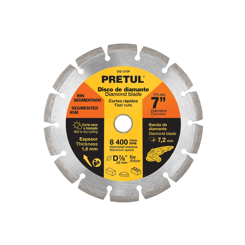 Disco de diamante de 7" x 1.6 mm rin segmentado, Pretul