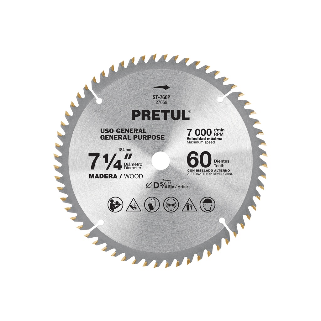 [ST-760P] Disco sierra 7-1/4' p/madera, 60 dientes centro 5/8', PRETUL