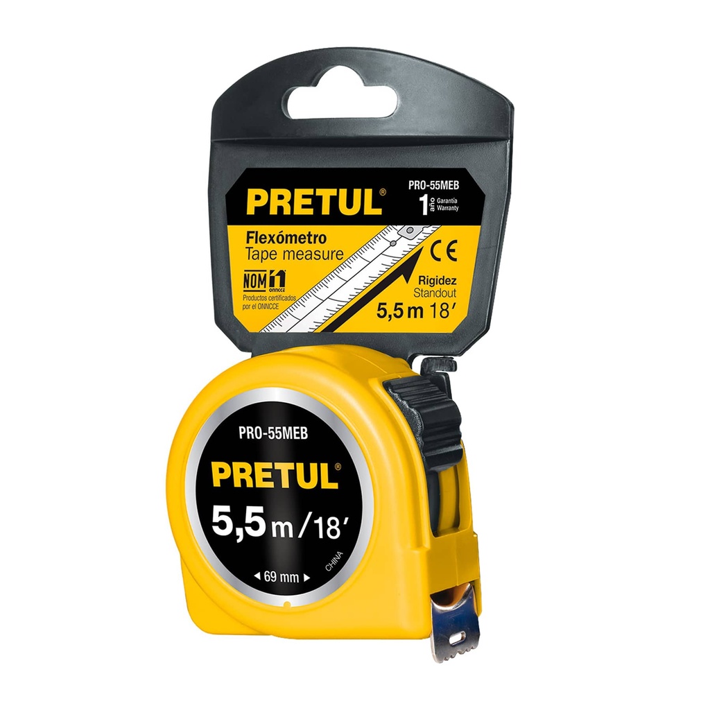 [PRO-55MEB] Flexómetro amarillo 5.5 m cinta 25 mm, en tarjeta, Pretul
