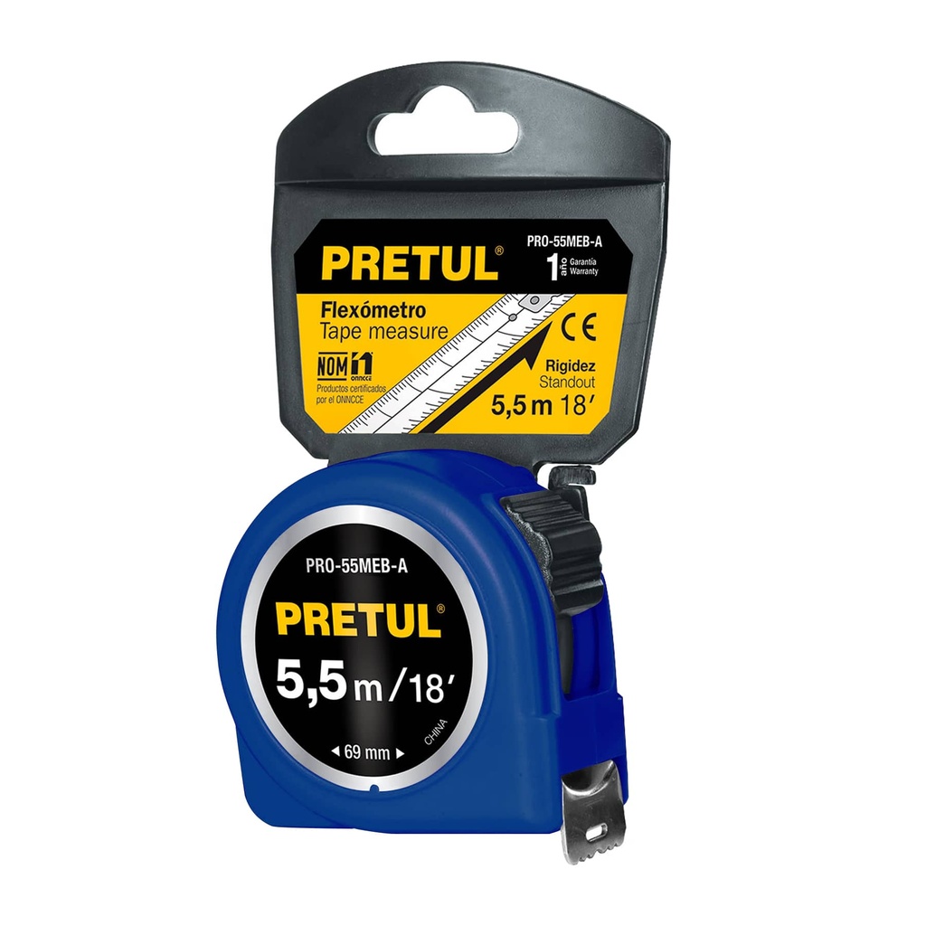 [PRO-55MEB-A] Flexómetro azul 5.5 m cinta 25 mm, en tarjeta, Pretul