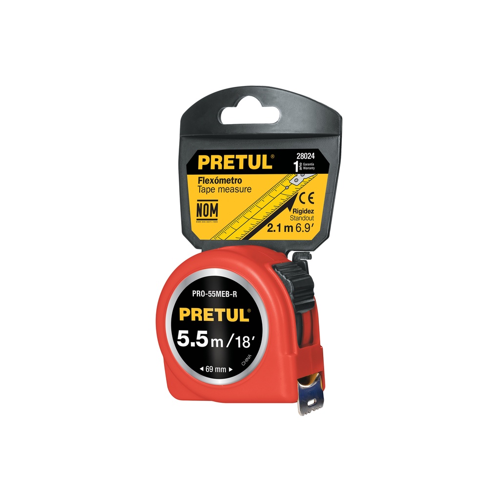 [PRO-55MEB-R] Flexómetro rojo 5.5 m cinta 25 mm, en tarjeta, PRETUL