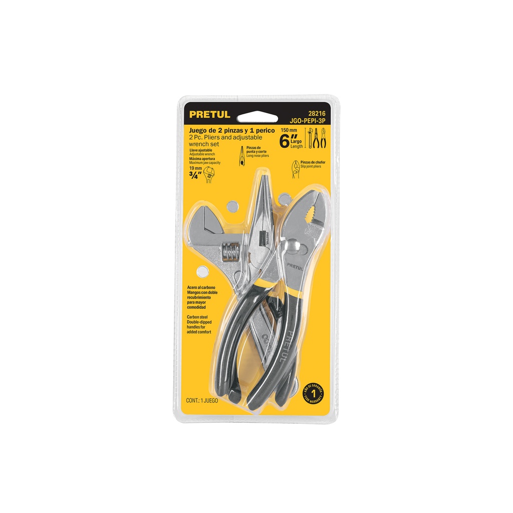 [JGO-PEPI-3P] Juego de 2 pinzas y 1 llave ajustable, mangos de PVC, PRETUL