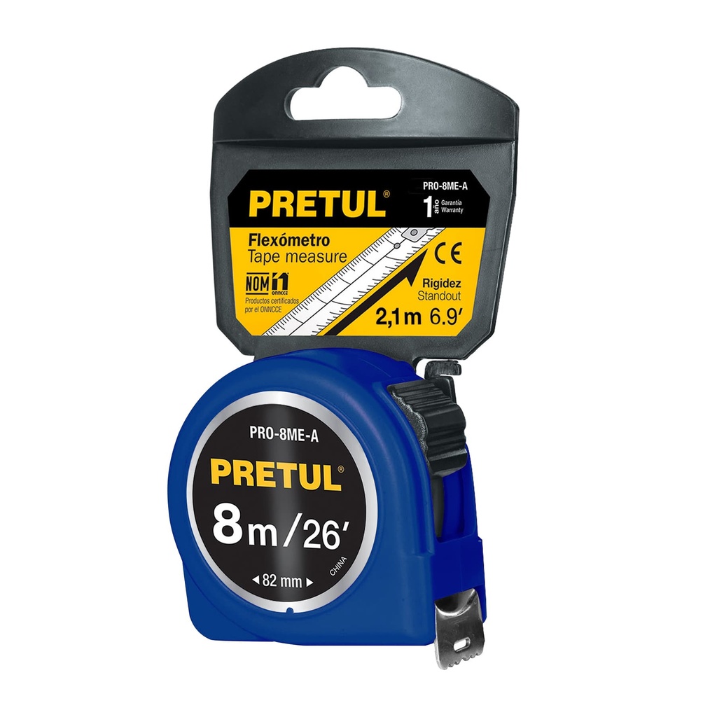 [PRO-8ME-A] Flexómetro azul 8 m cinta 25 mm, en tarjeta, Pretul