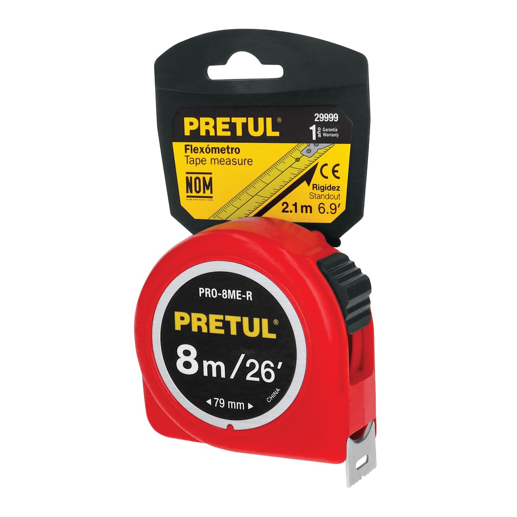 [PRO-8ME-R] Flexómetro rojo 8 m cinta 25 mm, en tarjeta, PRETUL