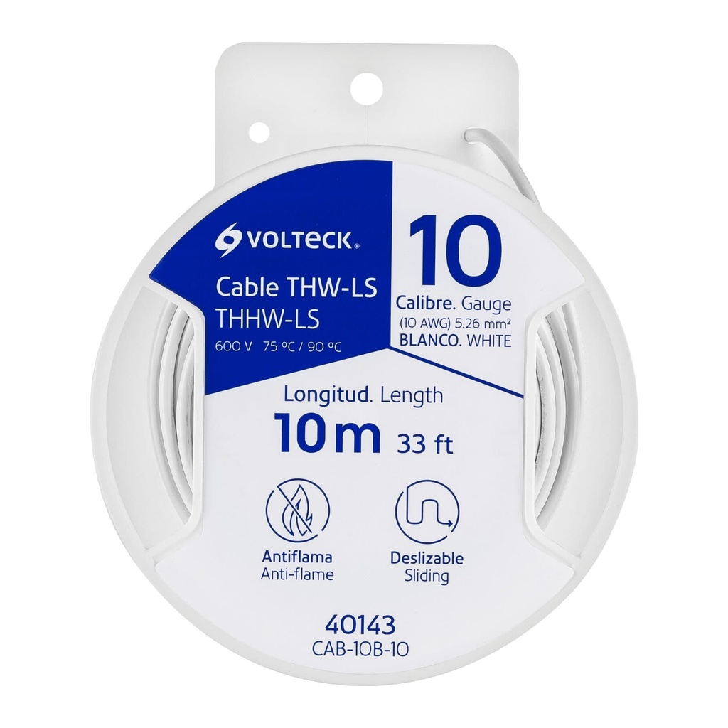 [CAB-10B-10] Carrete con 10 m de cable THHW-LS 10 AWG blanco, VOLTECK