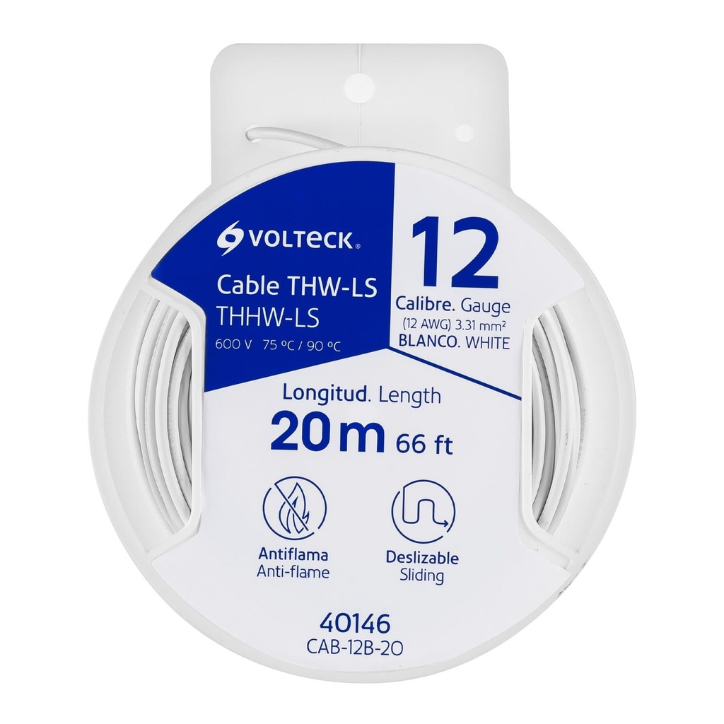 [CAB-12B-20] Carrete con 20 m de cable THHW-LS 12 AWG blanco, VOLTECK