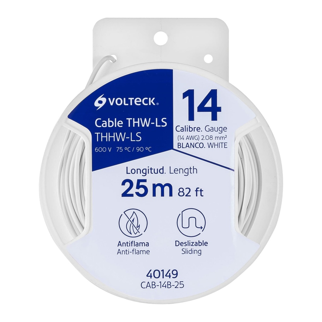 [CAB-14B-25] Carrete con 25 m de cable THHW-LS 14 AWG blanco, VOLTECK