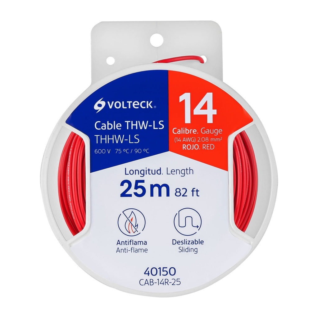 [CAB-14R-25] Carrete con 25 m de cable THHW-LS 14 AWG rojo, VOLTECK