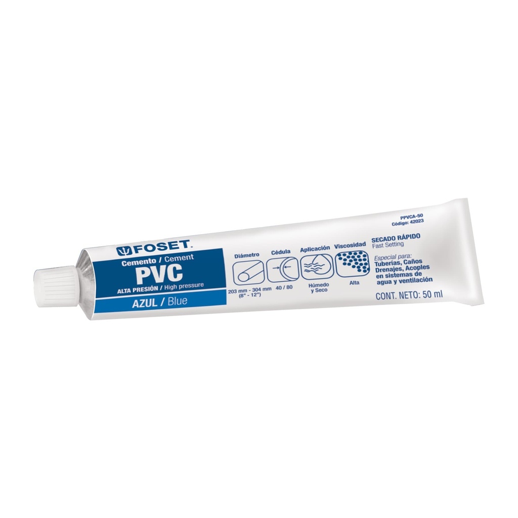 Cemento p/PVC, azul, alta presión, tubo 50ml, FOSET