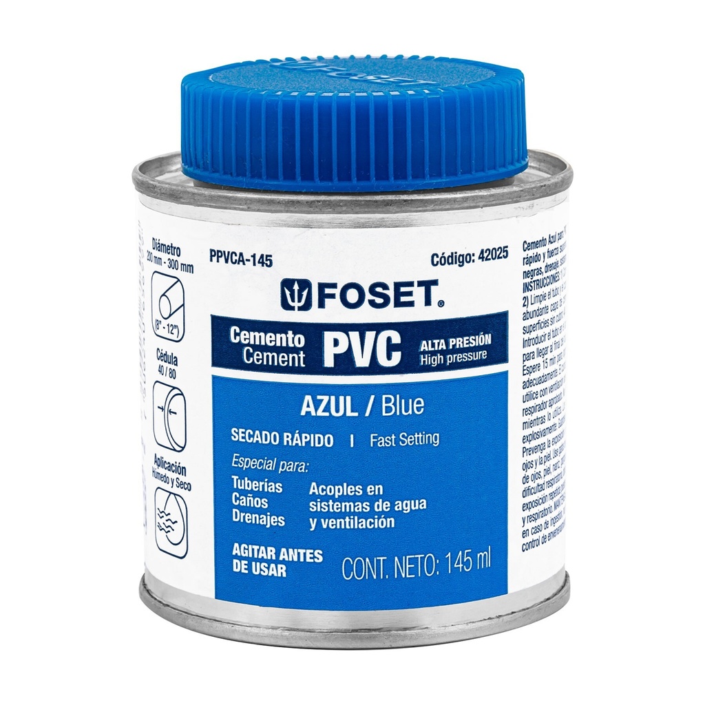 [PPVCA-145] Cemento p/PVC, azul, alta presión, lata 145ml, FOSET