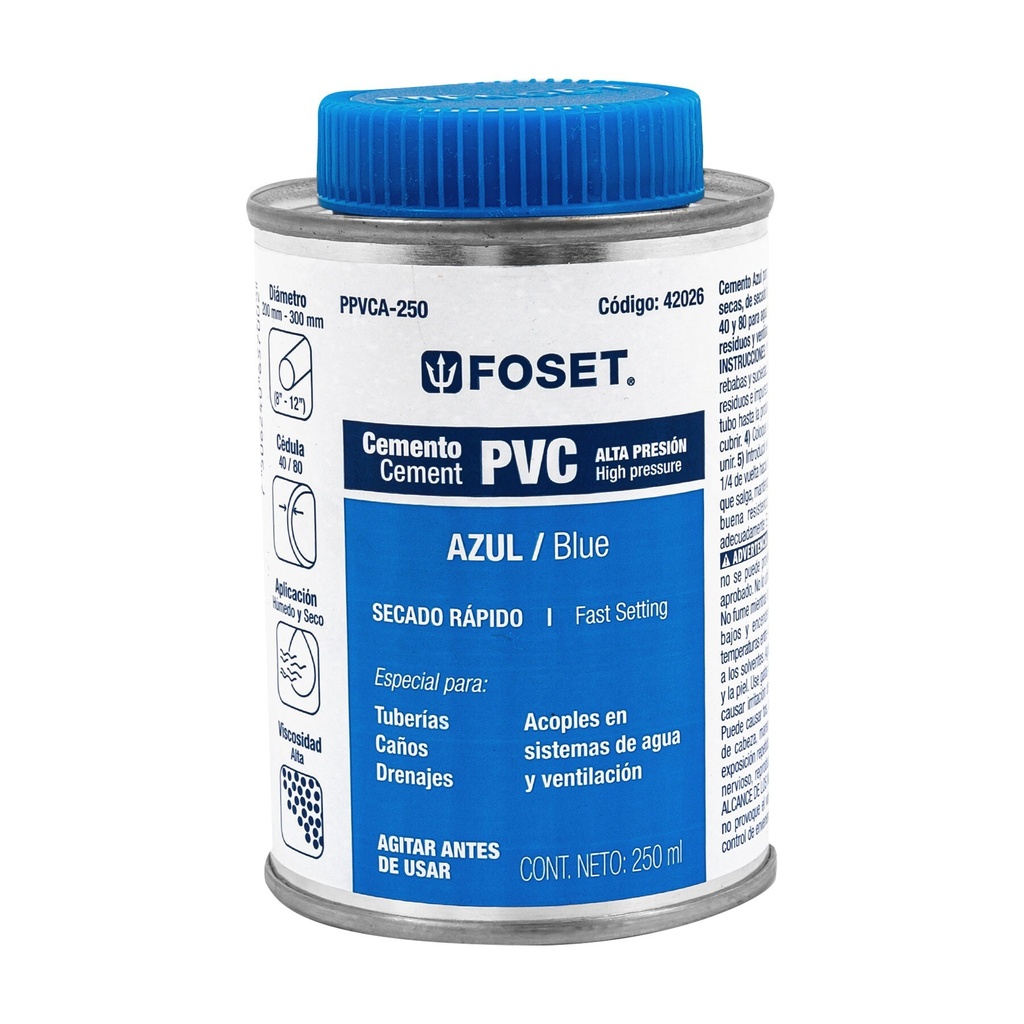 [PPVCA-250] Cemento p/PVC, azul, alta presión, lata 250ml, FOSET
