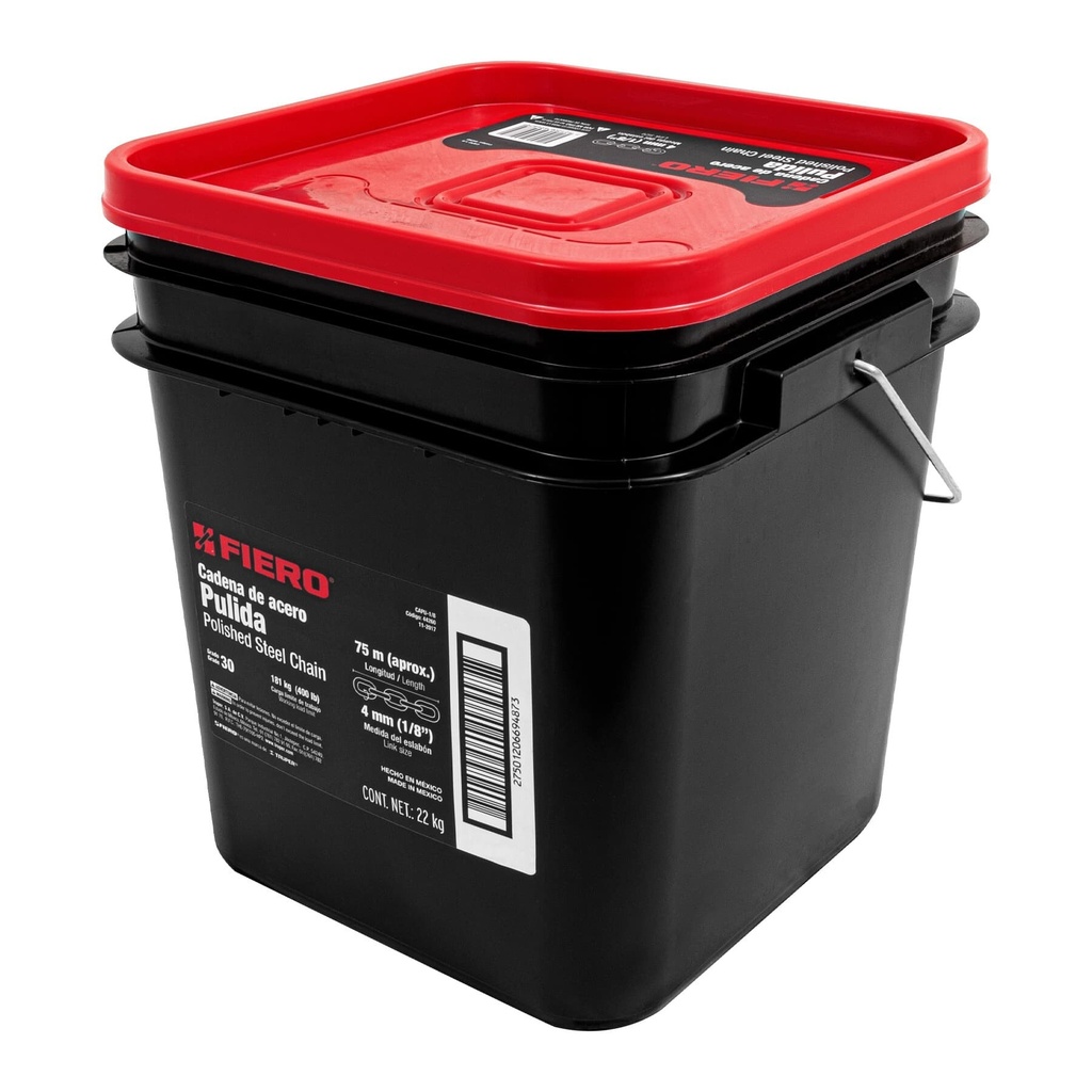 Metro de cadena pulida de 1/8", 75 m en cubeta, Fiero