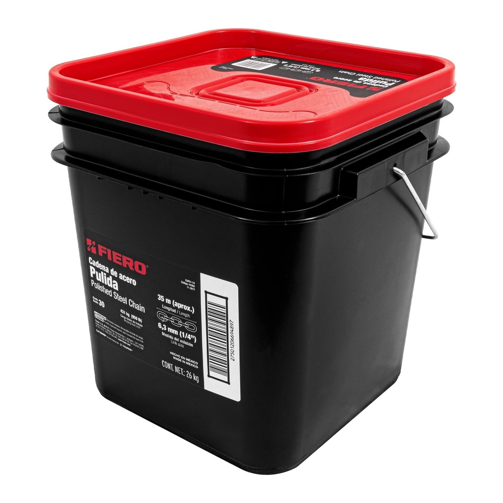 Metro de cadena pulida de 1/4", 35 m en cubeta, Fiero