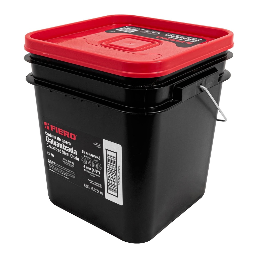 Metro de cadena galvanizada de 1/8", 75 m en cubeta, Fiero