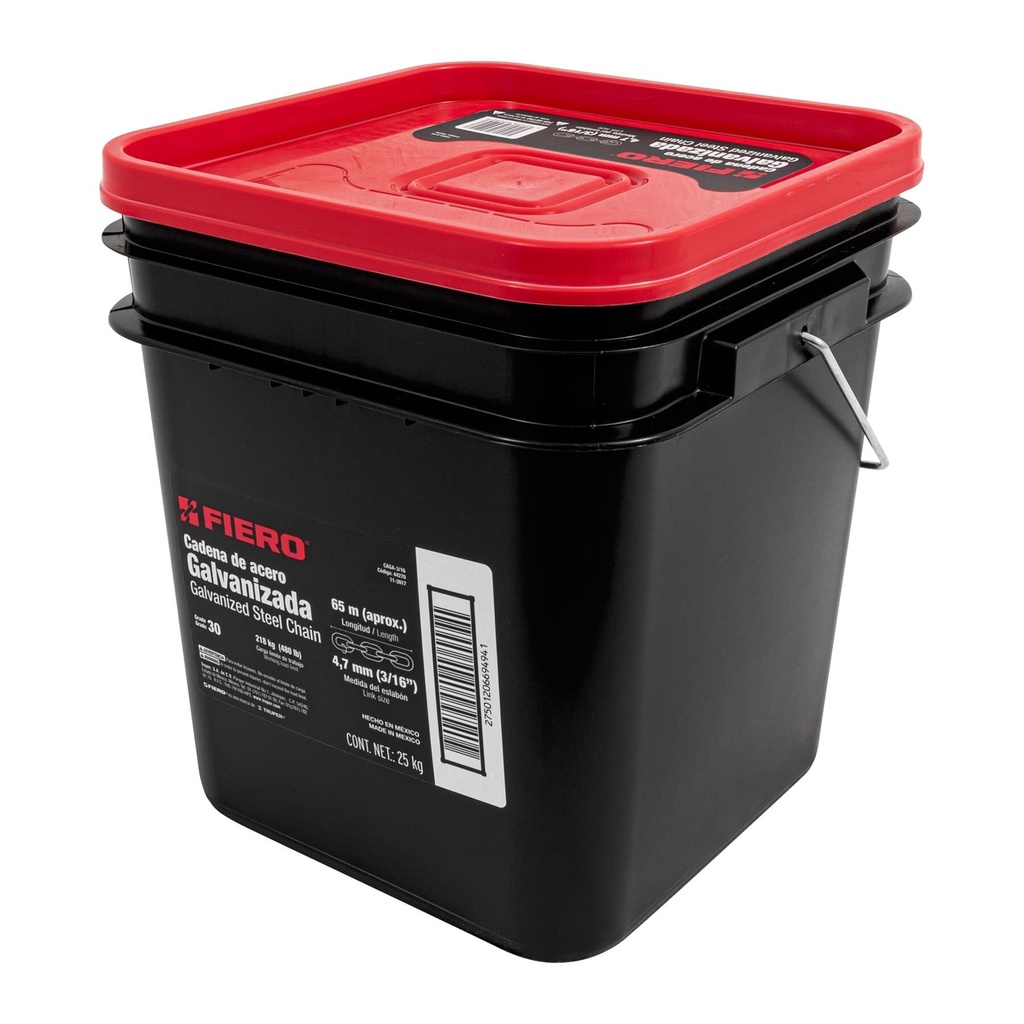 [CAGA-3/16] Metro de cadena galvanizada de 3/16", 65 m en cubeta, Fiero