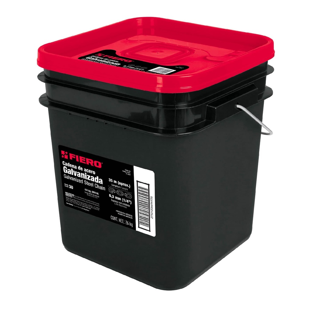 Metro de cadena galvanizada de 1/4", 35 m en cubeta, Fiero