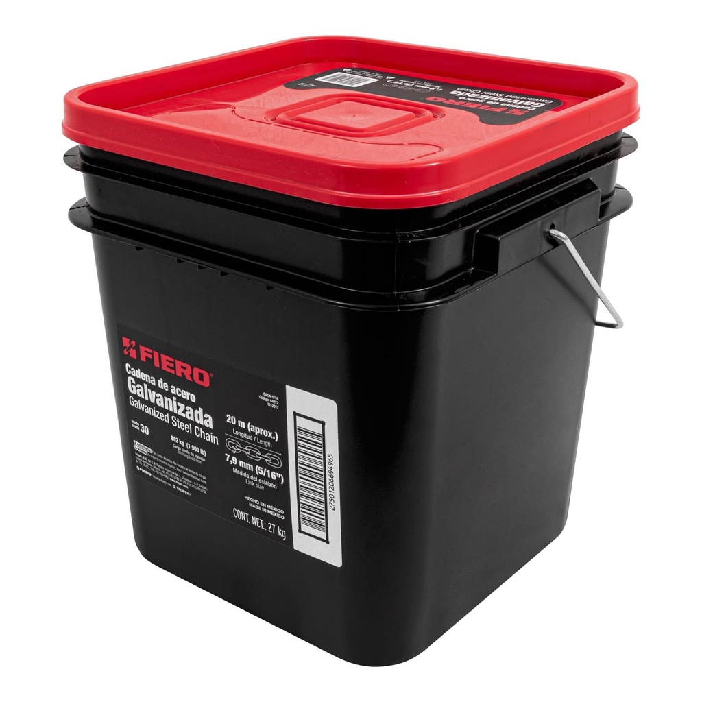 [CAGA-5/16] Metro de cadena galvanizada de 5/16", 20 m en cubeta, Fiero