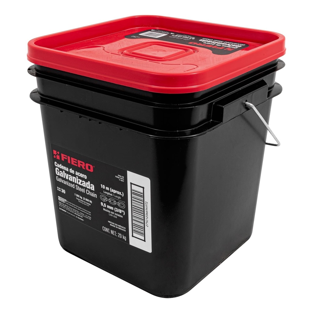 Metro de cadena galvanizada de 3/8", 10 m en cubeta, Fiero