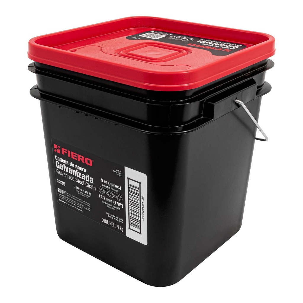 Metro de cadena galvanizada de 1/2", 5 m en cubeta, Fiero