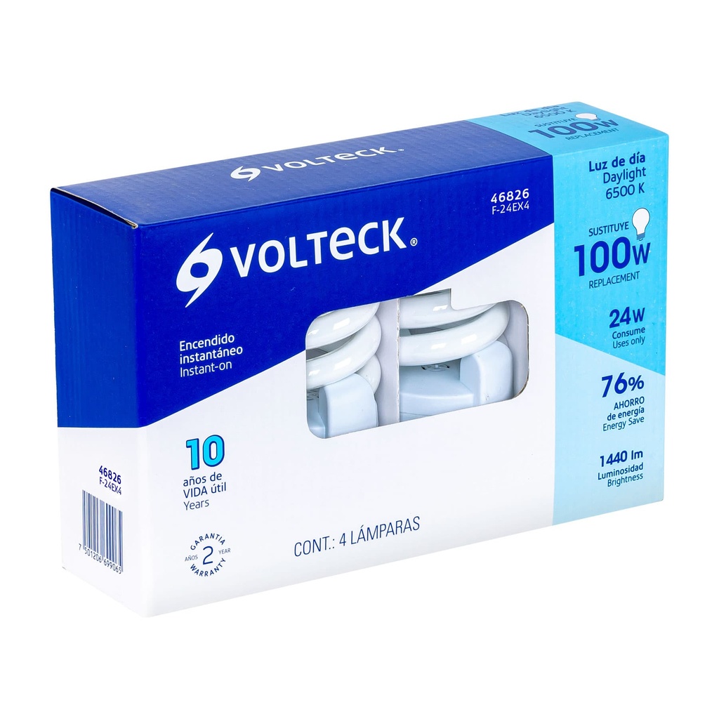 [F-24EX4] Pack 4 lámparas espiral T4 24 W luz de día, caja, Volteck