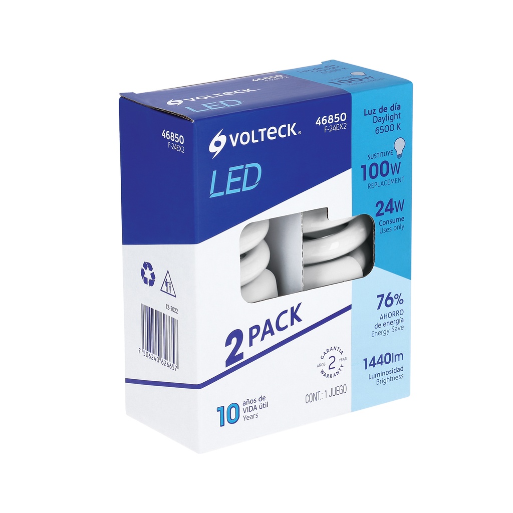 [F-24EX2] Pack 2 lámparas espiral T4 24 W luz de día, blíster, Volteck