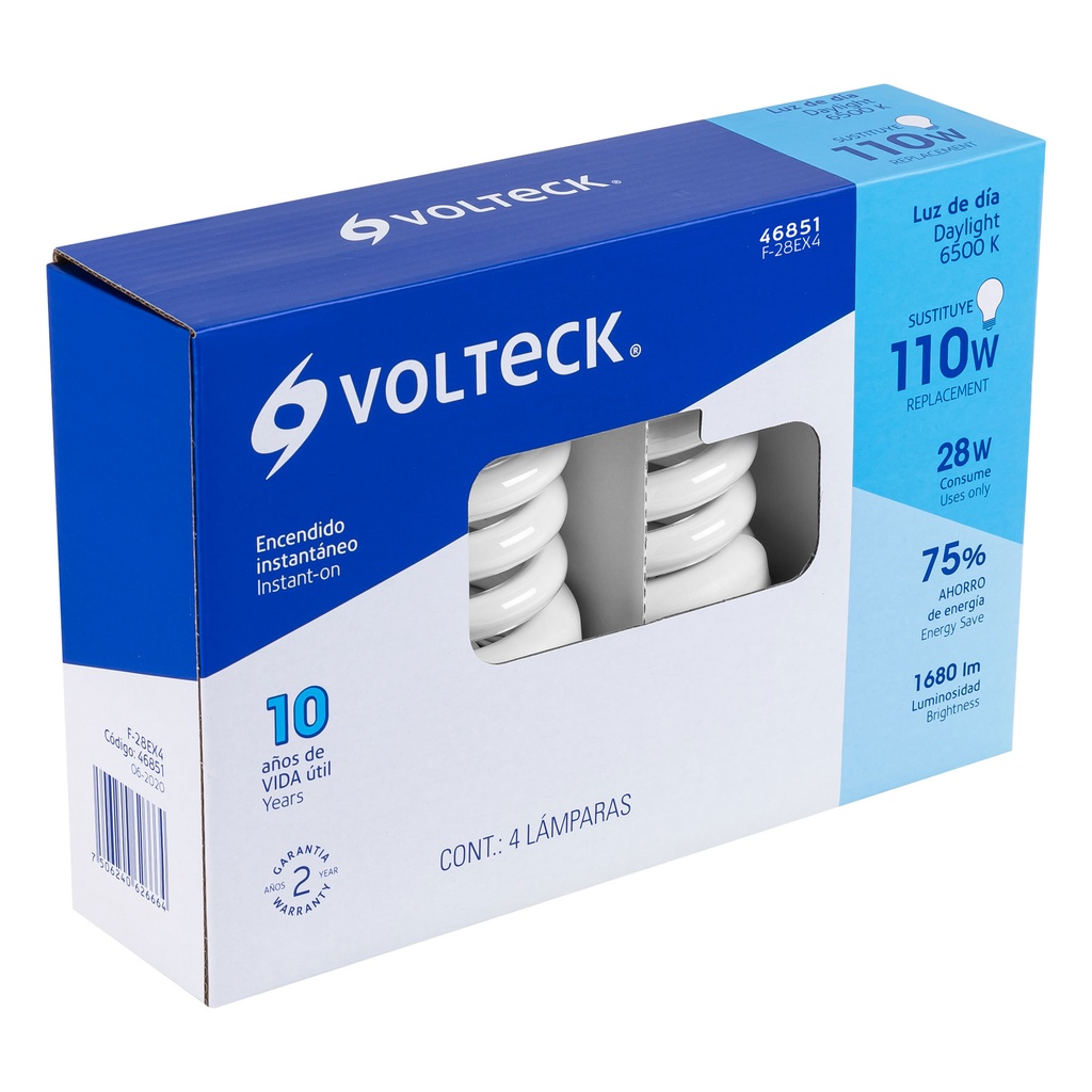 [F-28EX4] Pack 4 lámparas espiral T4 28 W luz de día, caja, Volteck