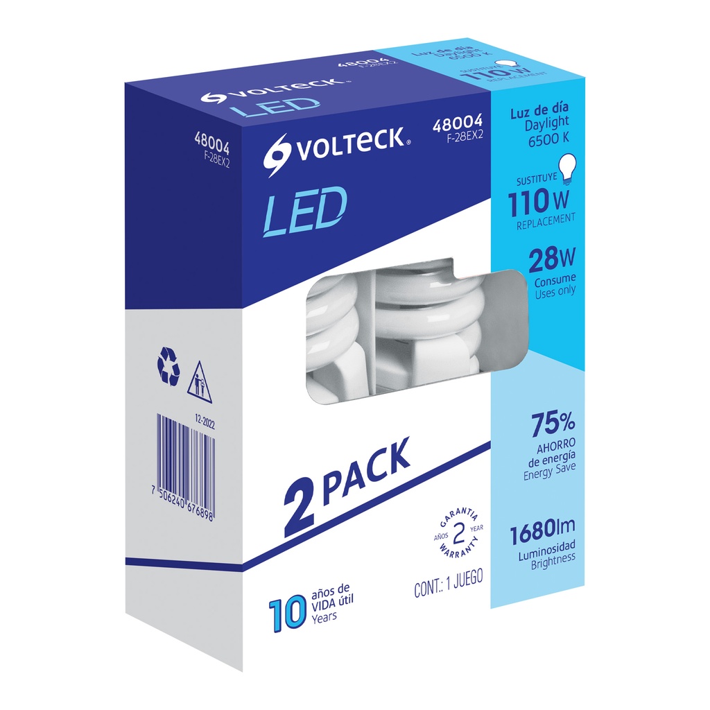 [F-28EX2] Pack 2 lámparas espiral T4 28 W luz de día, blíster, VOLTECK