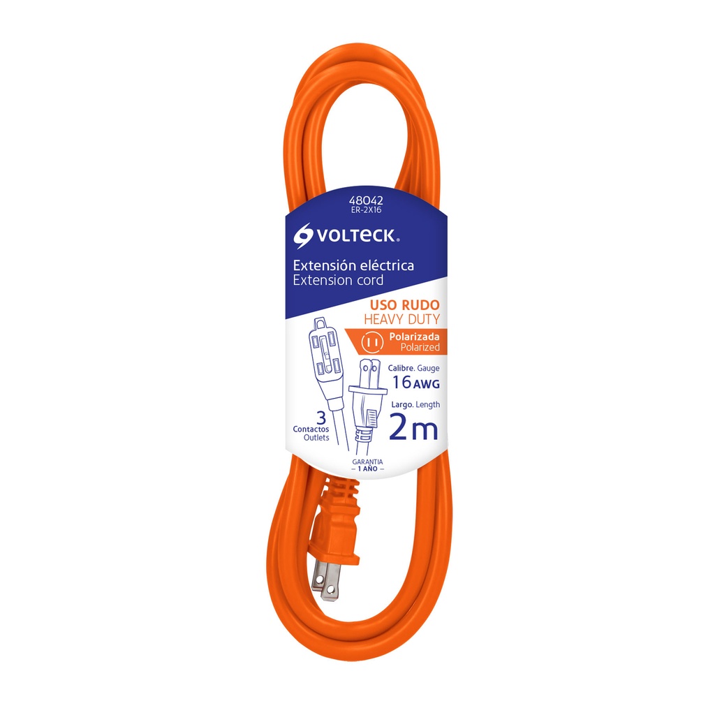 [ER-2X16] Extensión eléctrica de uso rudo 2 m 2x16 AWG, VOLTECK