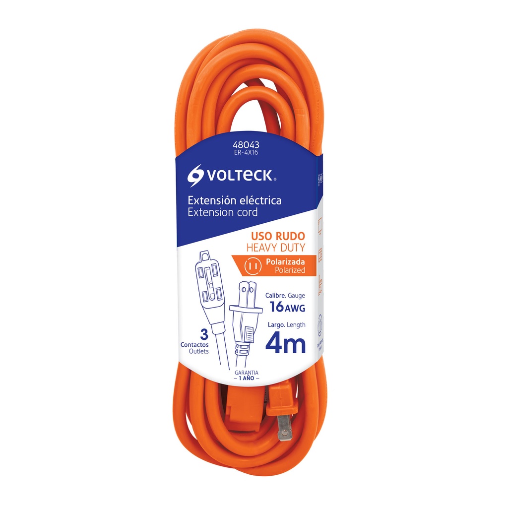 [ER-4X16] Extensión eléctrica de uso rudo 4 m 2x16 AWG, Volteck