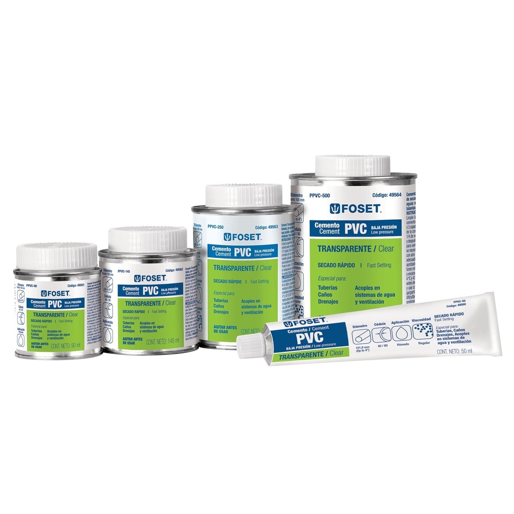 Cemento p/PVC, transparente, baja presión, lata 500ml, FOSET