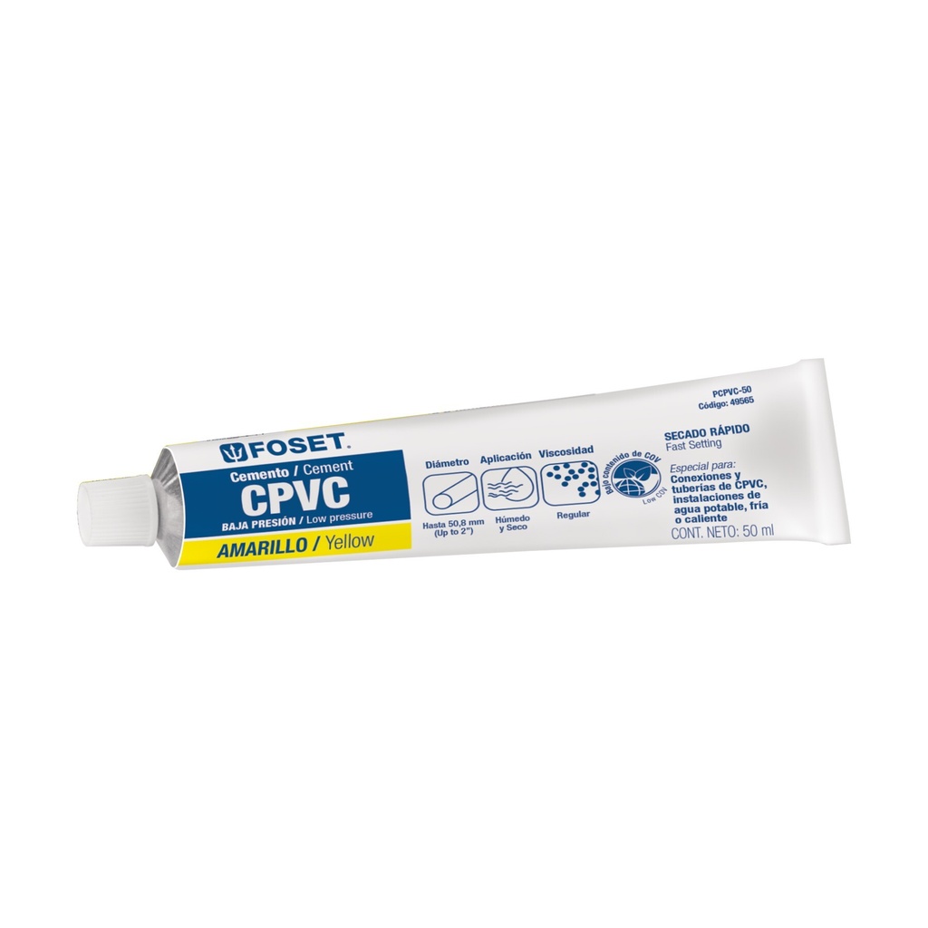 [PCPVC-50] Cemento p/CPVC, amarillo, toda presión, tubo 50ml, FOSET