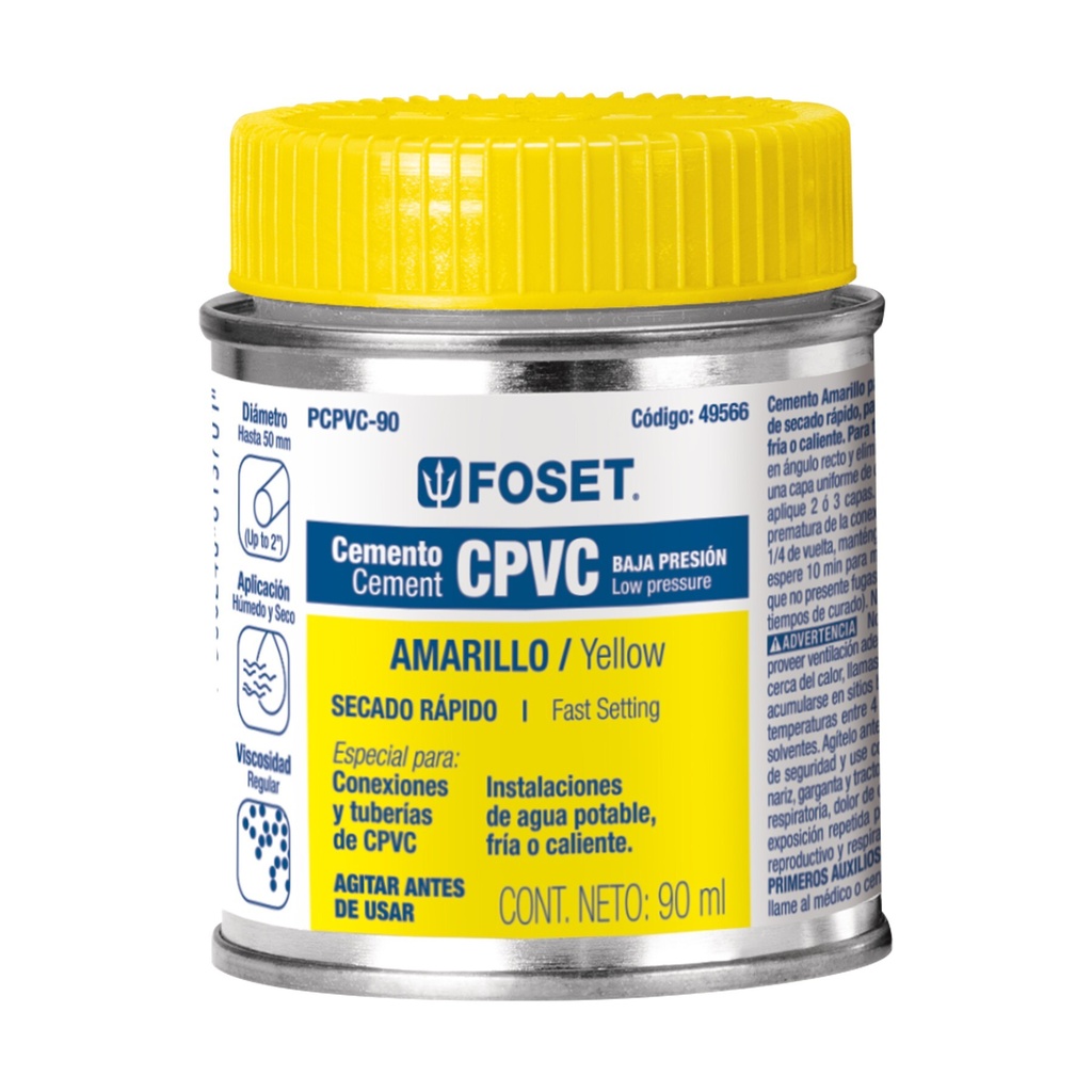 Cemento p/CPVC, amarillo, toda presión, lata 90ml, FOSET
