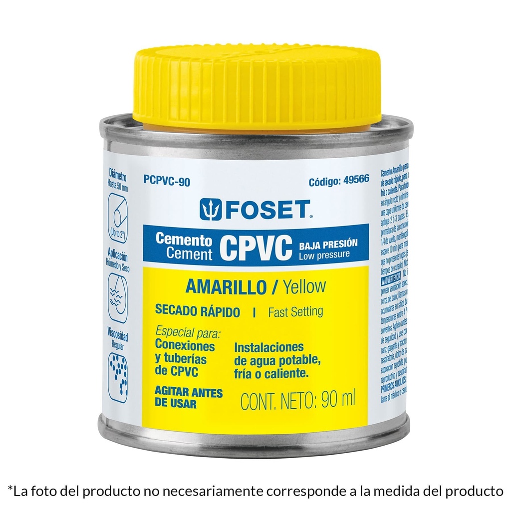 Cemento p/CPVC, amarillo, toda presión, lata 500ml, FOSET