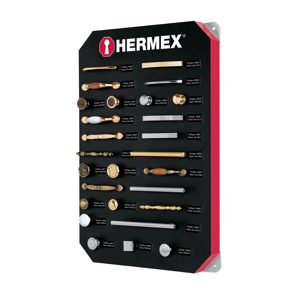 [EX-HE-JP1] Exhibidor con jaladeras y perillas, 1 tablero, Hermex