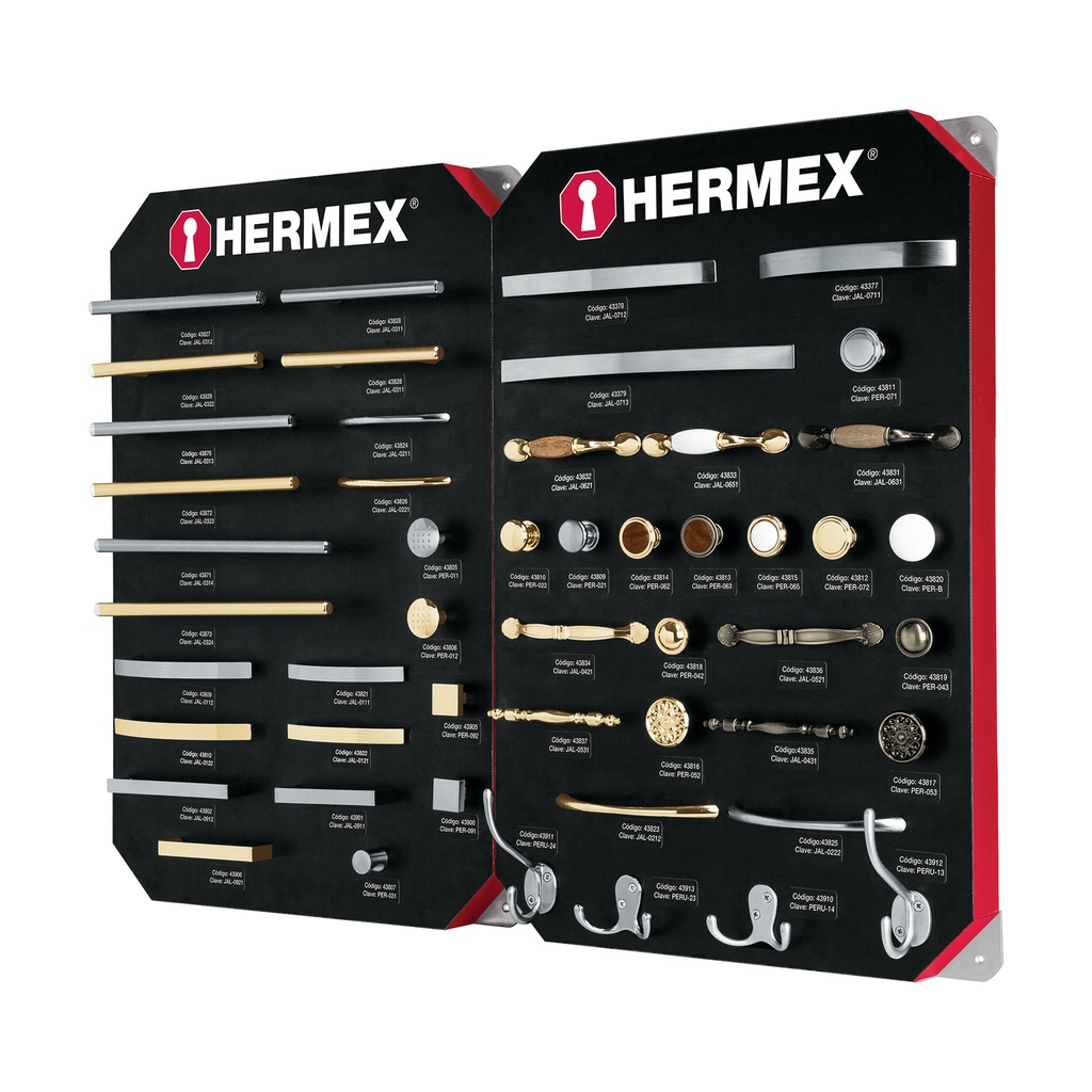 [EX-HE-JP2] Exhibidor con jaladeras y perillas, 2 tableros, HERMEX
