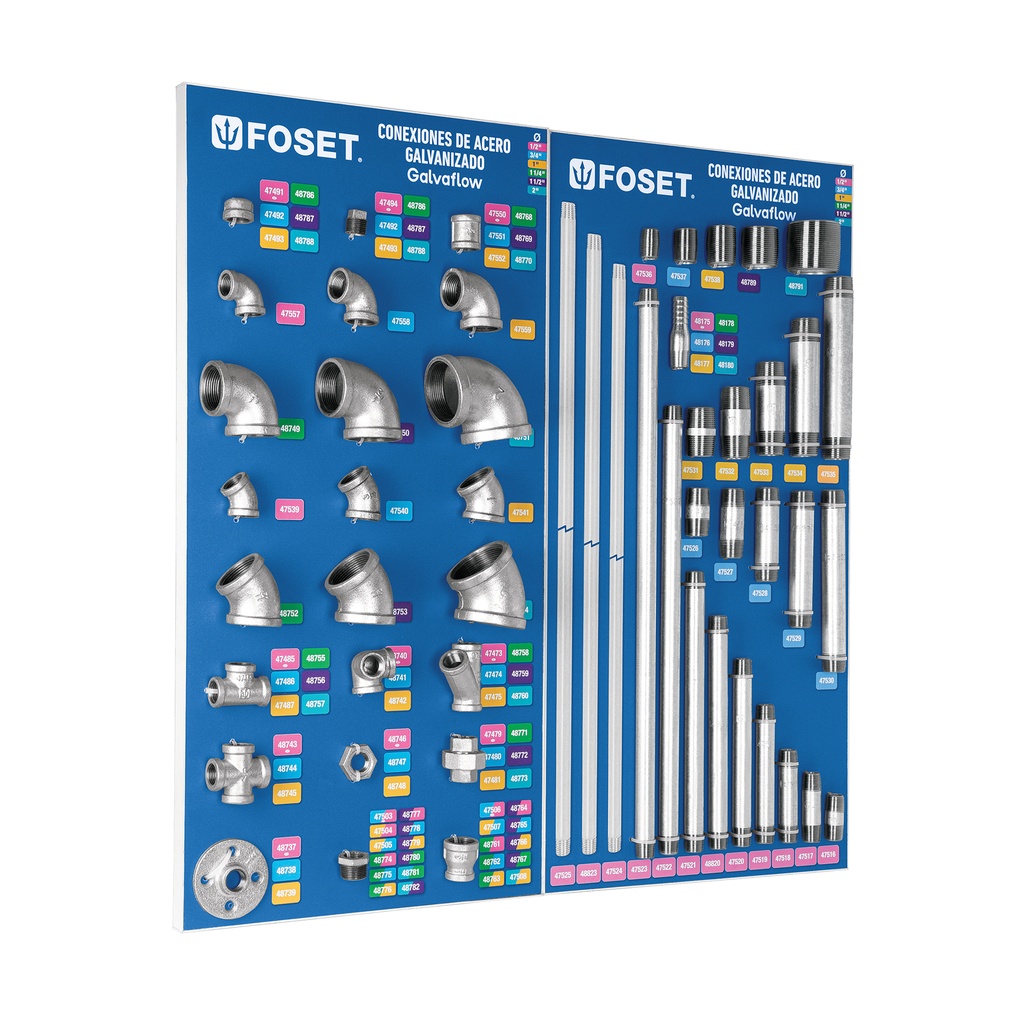 Exhibidor con conexiones de acero galvanizado, Foset
