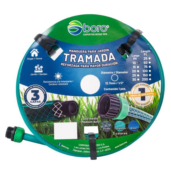 Manguera jardin 3 capas armada 013mm 1/2" 10 mts conexion/plastica verde Boro