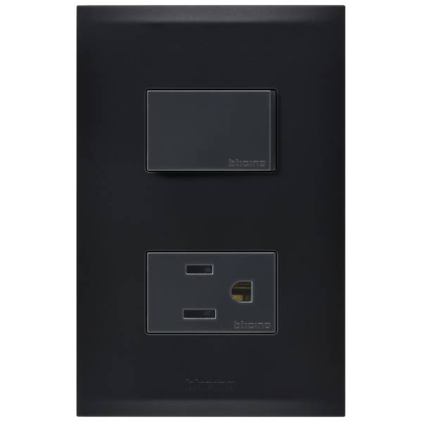 Placa 2 ventana con apagadoresadores sencillo  y contacto 2p+t negro Forza 2.0 Bticino