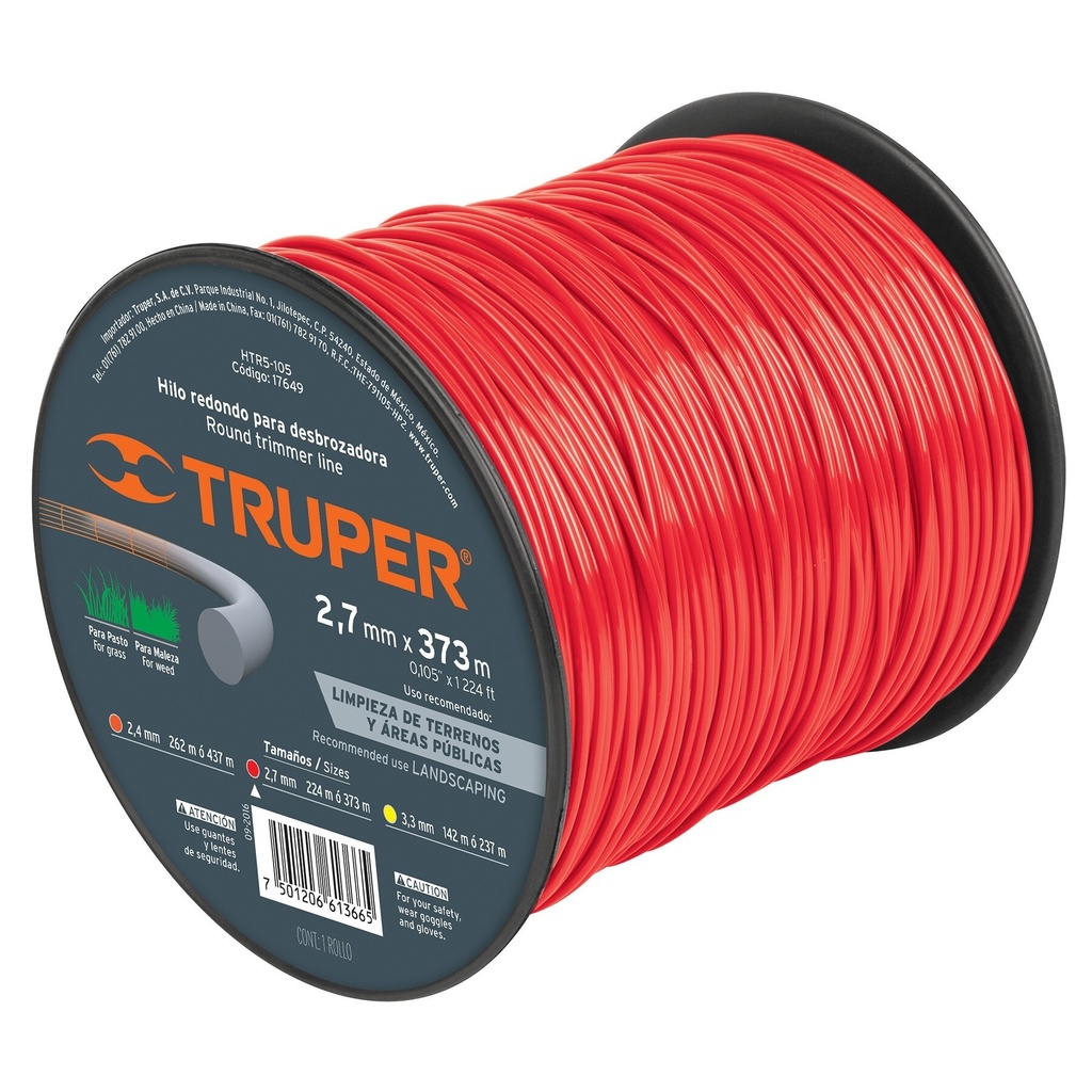 Hilo redondo, para desbrozadora 2.7mm x 373m, carrete TRUPER