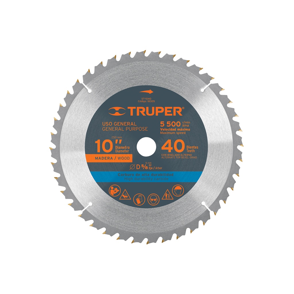 Disco sierra 10' para madera, 40 dientes centro 5/8', TRUPER