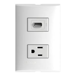 [212329ZN] Placa 2 ventanas con contacto 2p+t y contacto USB blanco Forza Bticino