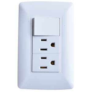 [280666ZN] Placa 3 ventanas con 2 contactos 2p+t y apagador sencillo blanco Vianti
